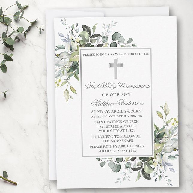 Elegant Botanical Greenery Holy Communion Silver Invitation (Customize to change text color, size, style or to add photos or more text to back of card.)