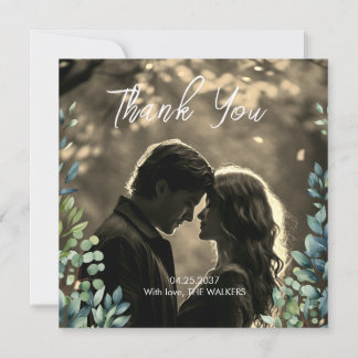 Elegant botanical greenery leaves Photo Wedding Thank You Card