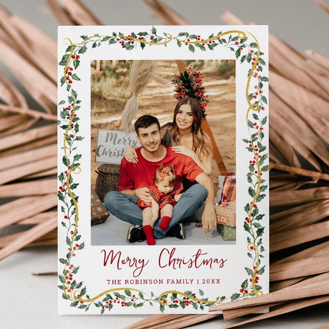 Elegant Botanical Greenery Merry Christmas 1 Photo Holiday Card (Creator Uploaded)