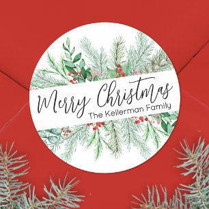 Elegant Botanical Greenery Merry Christmas  Classic Round Sticker