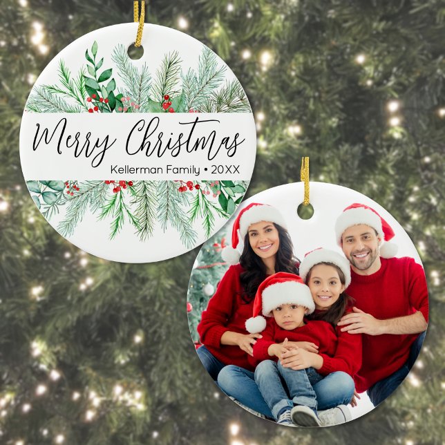 Elegant Botanical Greenery Photo Merry Christmas  Ceramic Ornament (Elegant Bontanical Greenery Photo Merry Christmas Ceramic Ornament)