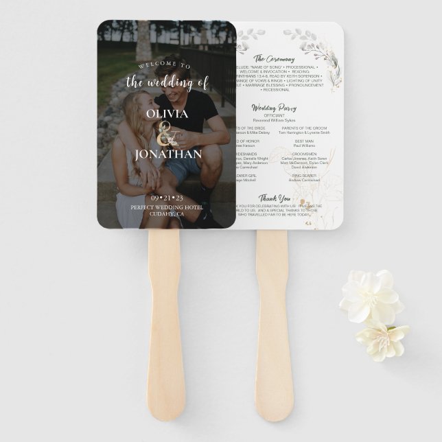 Elegant Botanical Greenery Photo Wedding Program Hand Fan (Front and Back)