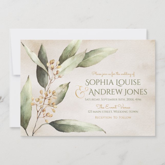 Elegant botanical greenery vintage rustic wedding invitation (Front)