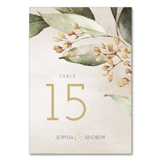 Elegant botanical greenery vintage rustic wedding table number (Front)