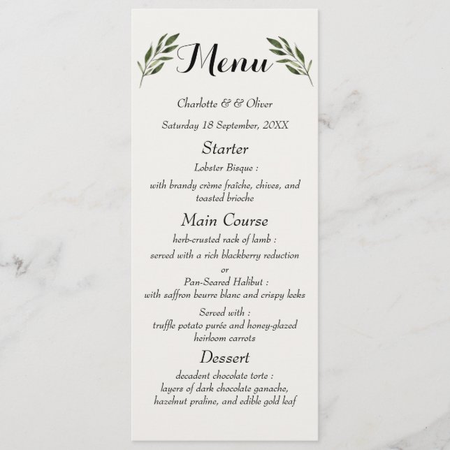 Elegant Botanical Greenery Wedding Reception Menus (Front)