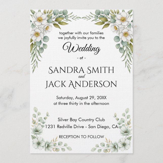 Elegant Botanical Greenery & White Floral Wedding Invitation (Front)