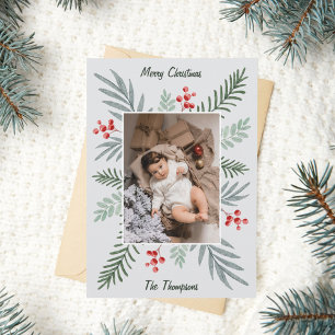 Elegant & Botanical Hand-drawn Christmas Photo Holiday Card