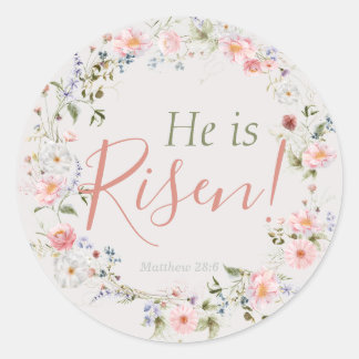 Elegant Botanical 'He is Risen' Christian Easter Classic Round Sticker