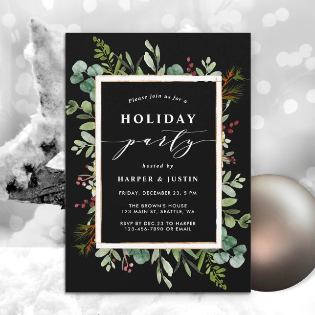 Elegant Botanical Holiday Party Black Invitation (Creator Uploaded)