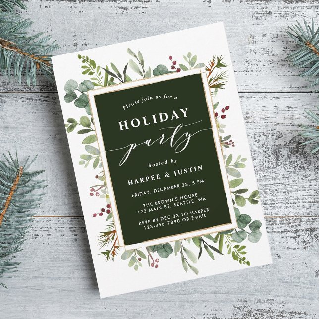 Elegant Botanical Holiday Party Green Invitation (Creator Uploaded)