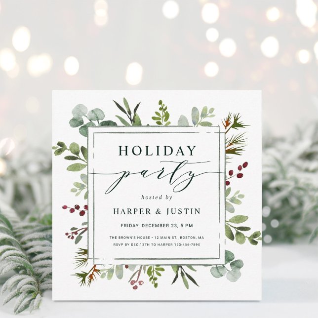 Elegant Botanical Holiday Party Square Green Invitation (Creator Uploaded)