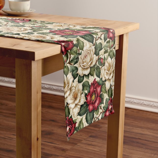 Elegant Botanical Holiday Roses Short Table Runner (In Situ)