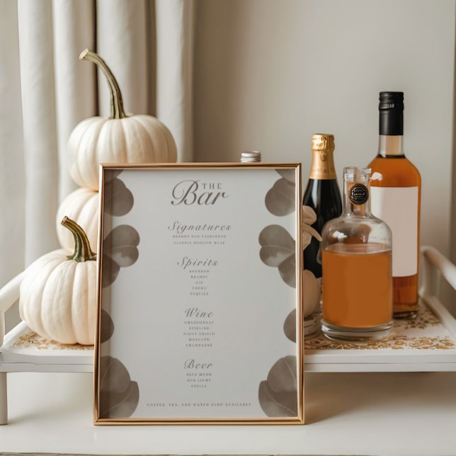 Elegant Botanical Ivory & Ash Wedding Bar Menu (Creator Uploaded)