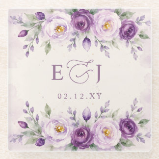 Elegant Botanical Lavender Purple Floral Wedding Glass Coaster