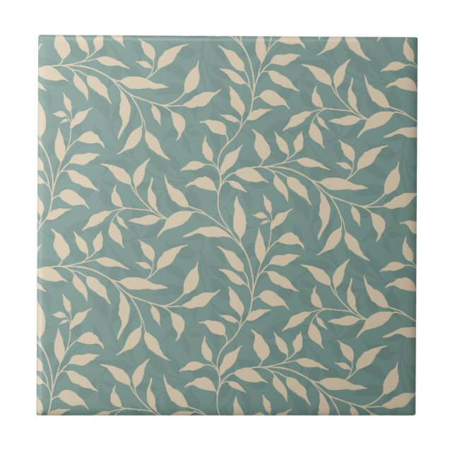 Elegant Botanical Leaf Dance Foliage Beige Teal Ceramic Tile (Front)