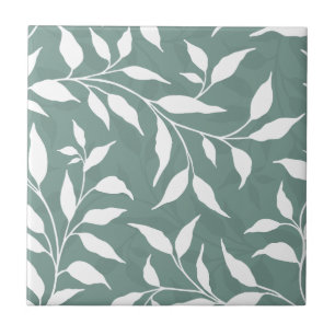 Elegant Botanical Leaf Dance Foliage HD White Teal Ceramic Tile