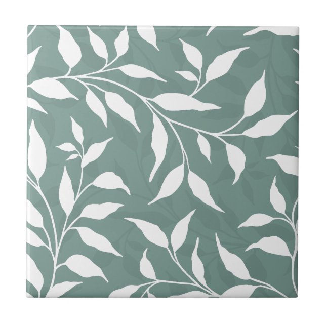 Elegant Botanical Leaf Dance Foliage HD White Teal Ceramic Tile (Front)