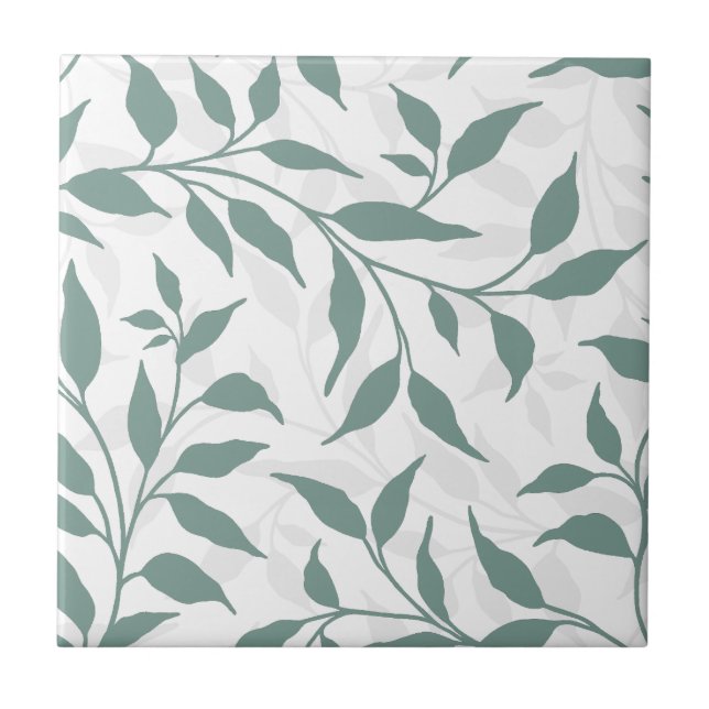 Elegant Botanical Leaf Dance Foliage HD White Teal Ceramic Tile (Front)