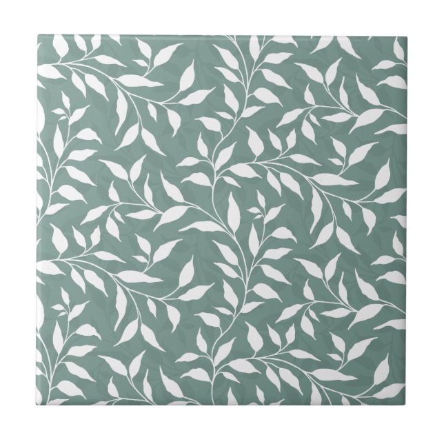 Elegant Botanical Leaf Dance Foliage White Teal Ceramic Tile (Front)