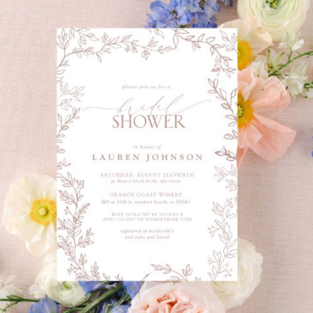 Elegant Botanical Leaf Dusty Rose Bridal Shower Invitation (Bridal Shower Invitation)