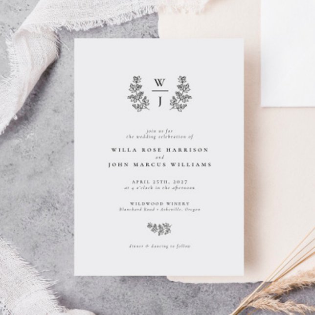 Elegant Botanical Leaf Monogram Initial Wedding Invitation (Creator Uploaded)
