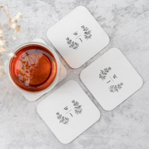 Elegant Botanical Leaf Monogram Initial Wedding Square Paper Coaster