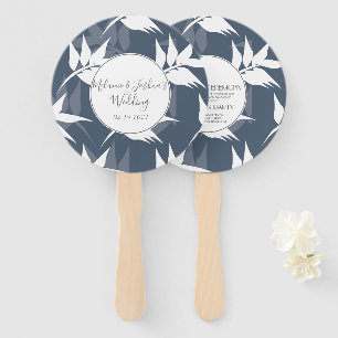 Elegant Botanical Leaf Navy White Pattern Wedding Hand Fan
