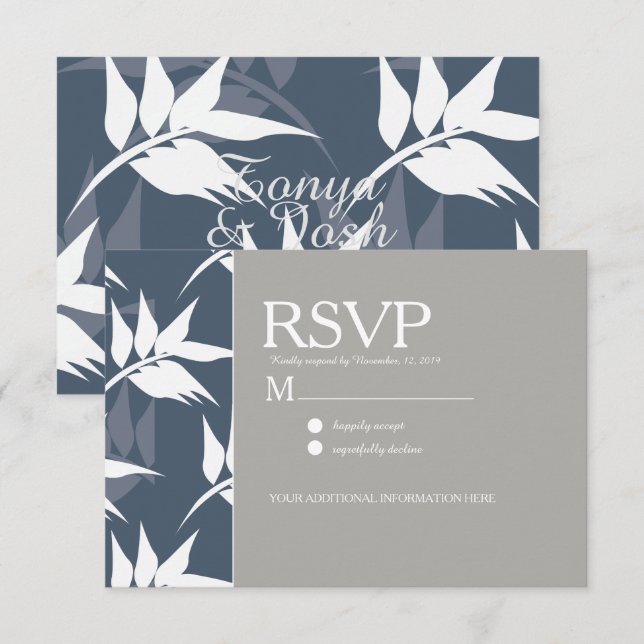 Elegant Botanical Leaf Navy White Pattern Wedding Invitation (Front/Back)