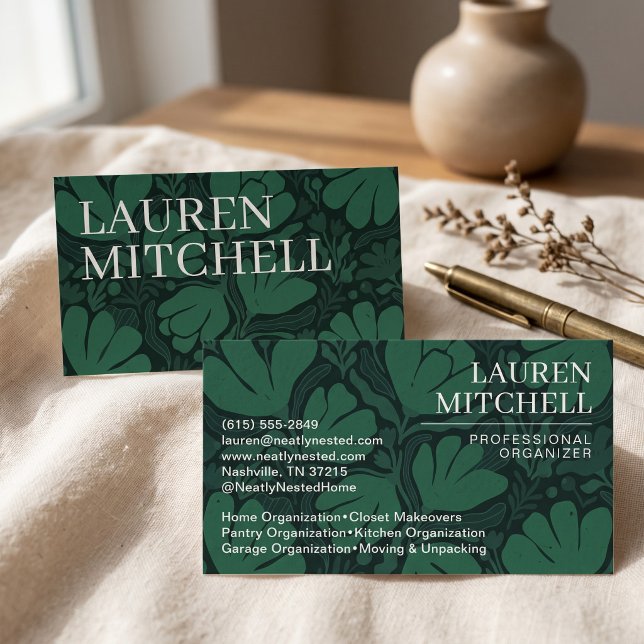 Elegant Botanical Leaf Pattern Modern Design Business Card (Simulated business cards on table)