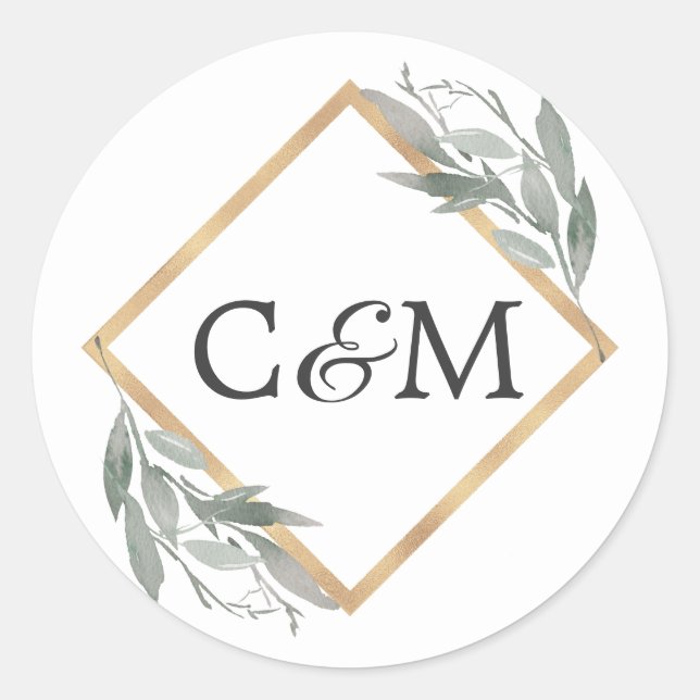 Elegant Botanical Leaf Sage Green Gold Wedding Classic Round Sticker (Front)
