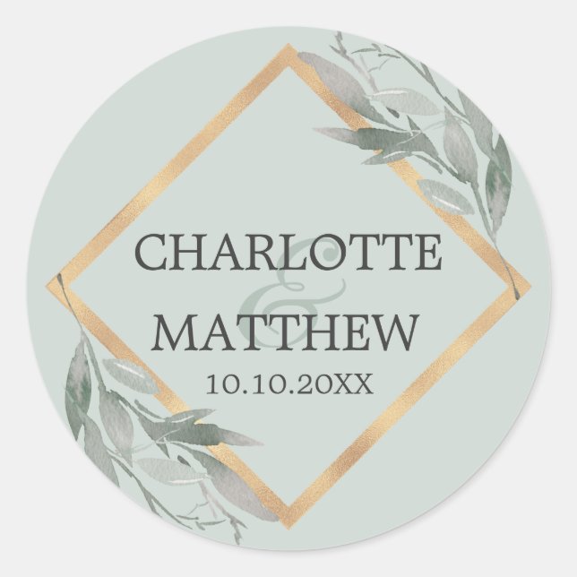 Elegant Botanical Leaf Sage Green Gold Wedding Classic Round Sticker (Front)