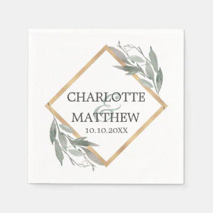 Elegant Botanical Leaf Sage Green Gold Wedding Napkin