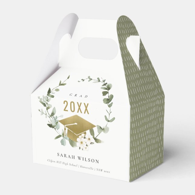 Elegant Botanical Leafy Wreath Gold Graduation Favour Box (Front Side)