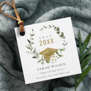 Elegant Botanical Leafy Wreath Gold Graduation Favour Tags
