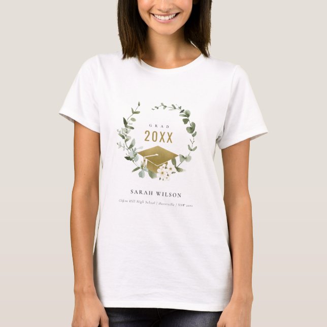 Elegant Botanical Leafy Wreath Gold Graduation T-Shirt (Front)