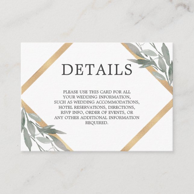Elegant Botanical Leaves Gold Foil Wedding DETAILS Enclosure Card (Front)