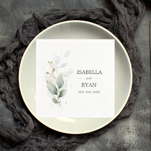 Elegant Botanical Leaves Gold Green Wedding Napkin
