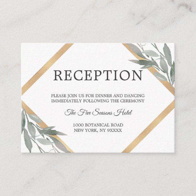 Elegant Botanical Leaves Gold Wedding RECEPTION Enclosure Card (Front)