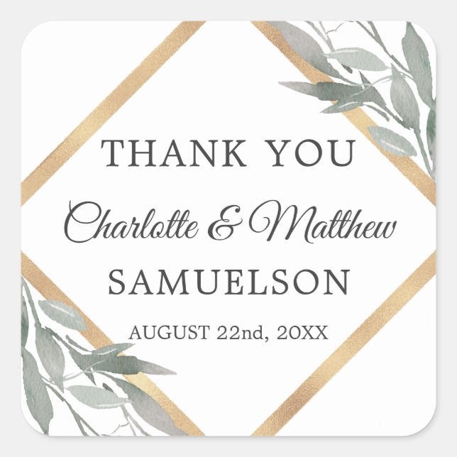 Elegant Botanical Leaves Gold Wedding THANK YOU Square Sticker (Front)