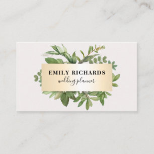 Elegant botanical leaves script chic gold frame business card