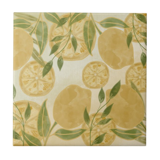 Elegant Botanical Lemon Greenery Ceramic Tile (Front)