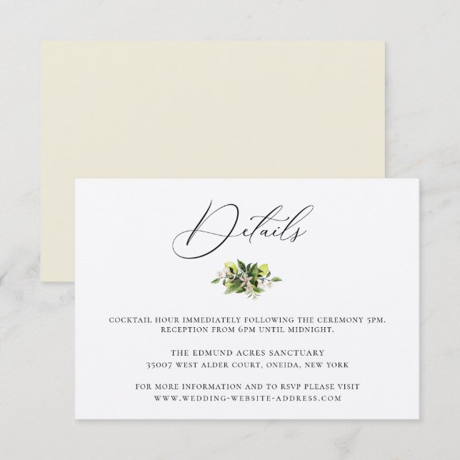 Elegant Botanical Lemons Wedding Details Card (Front/Back)