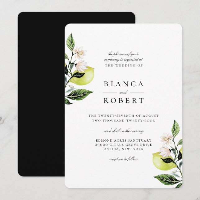 Elegant Botanical Lemons Wedding Invitation (Front/Back)