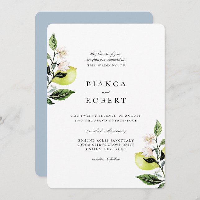 Elegant Botanical Lemons Wedding Invitation (Front/Back)