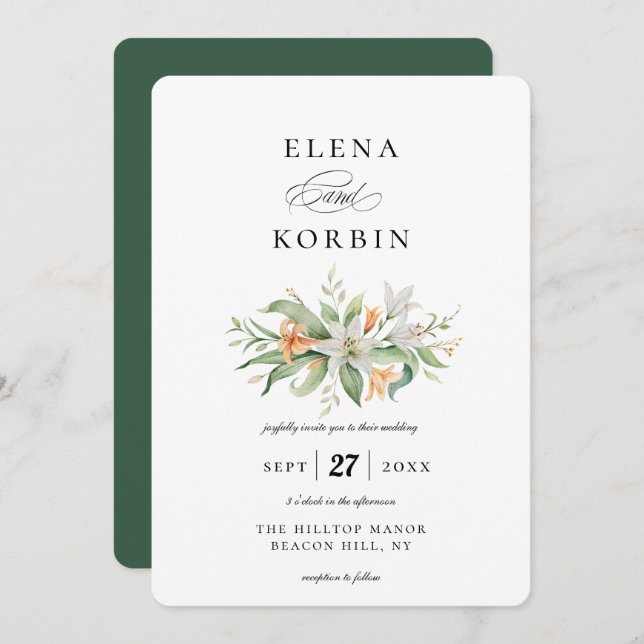 Elegant Botanical Lily Floral Bouquet Wedding Invitation (Front/Back)