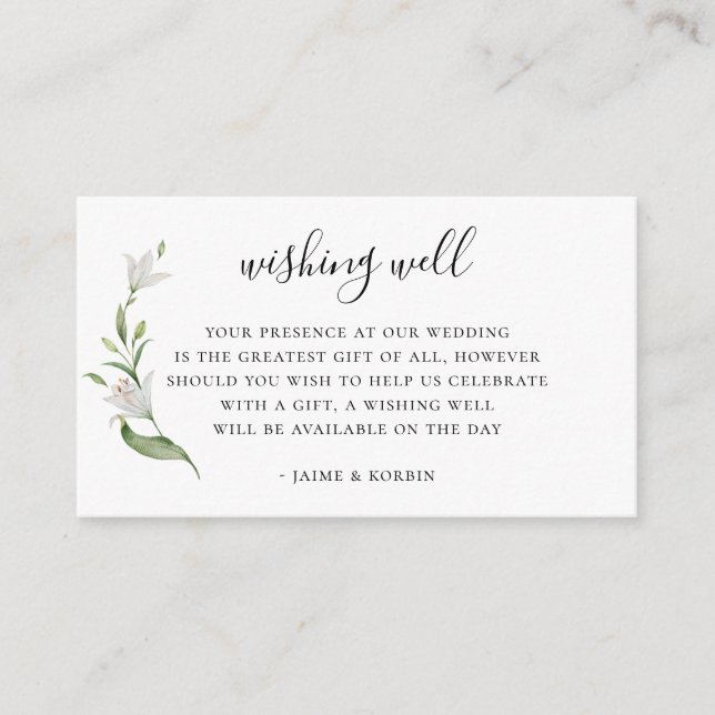Elegant Botanical Lily Floral Wedding Wishing Well Enclosure Card (Front)