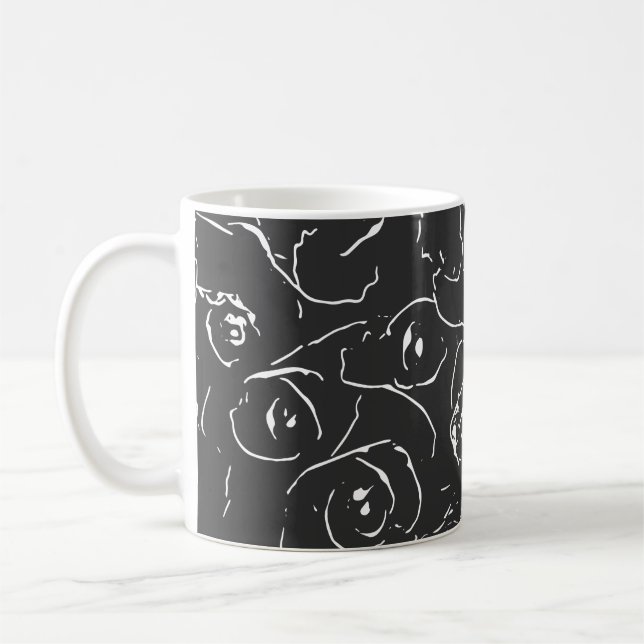 Elegant Botanical Line Drawing Pattern Black White Coffee Mug (Left)