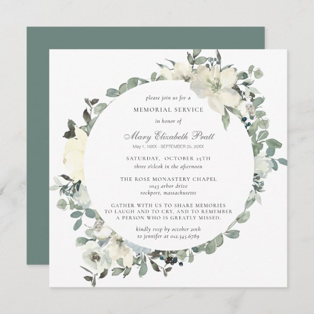 Elegant Botanical Memorial Service White Floral In Invitation (Front/Back)