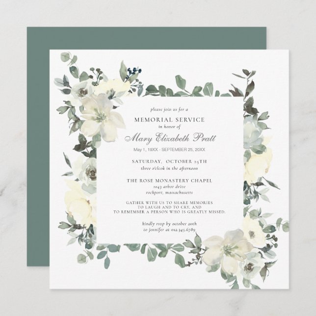 Elegant Botanical Memorial Service White Floral Invitation (Front/Back)