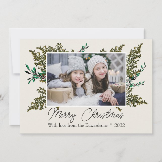 Elegant botanical Merry Christmas photo Holiday Card (Front)